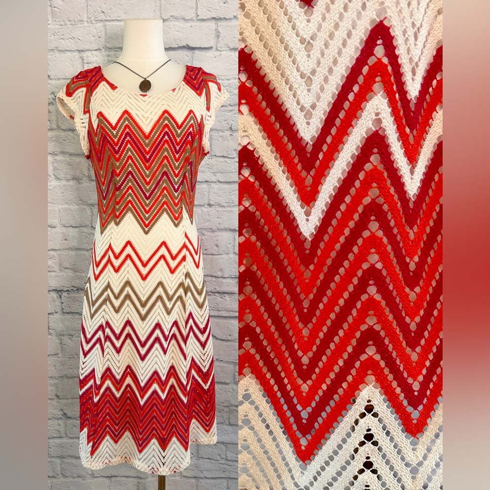 Sharagano Crochet Midi Dress Chevron Red Cream Italy Coastal Travel Vacay Boho - Picture 1 of 15